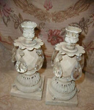 Antique Chippy White PAIR Candle Sticks Lamp Bases Crystals Rococo Metal 1920s