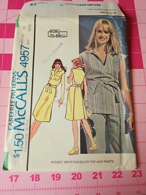 Vintage McCalls Pattern 4957 Hippie Era Wrap Top or Dress + Pants Size 10 UNCUT - Image 1 of 4