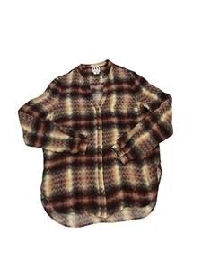 Alta Hippie Seda Manga Larga Abotonada Marrón Tostado Rojo Estampado Chevron Talla Pequeña - Imagen 1 de 9