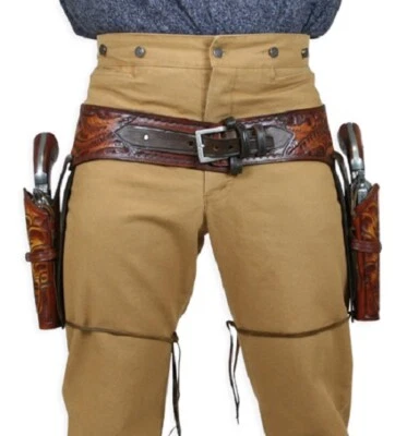 Double Gun Holster Belt Western Leather Tooled Fit .22 .357 .44/.45 Cal Revolver - Image 1 of 4