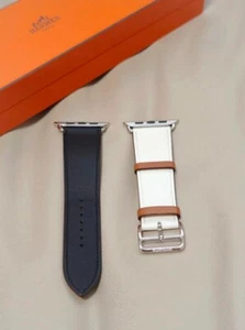 HERMES Apple Watch 44mm White/Black/Brown Leather Band Single Tour Used no box - Zdjęcie 1 z 3