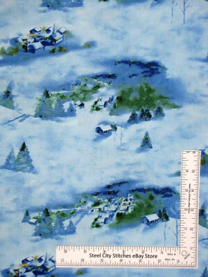 Christmas Fabric House Church Town Tree Blue Night Before By Maywood Cotton Yard - Image 1 of 3