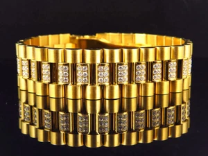 Men's Yellow Finish Stainless Steel Presidential Simulated Lab Diamond Bracelet - Picture 1 of 8