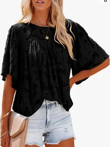YUNDAI Crewneck Floral Textured Babydoll Blouse In Black Size Medium UK 12-14. - Picture 1 of 20