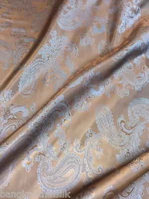 Paisley Woven Brocade NONSTATIC Viscose Satin Feel 58"W Fabric Gold Brown Blue - Image 1 of 4