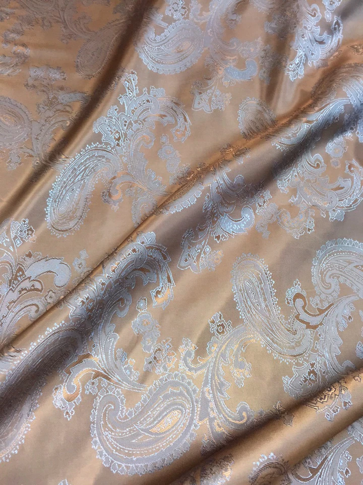 Brocado Tecido Paisley NÃO ESTÁTICO Viscose Cetim Sensação 58"W Tecido Dourado Marrom Azul - Imagem 1 de 4
