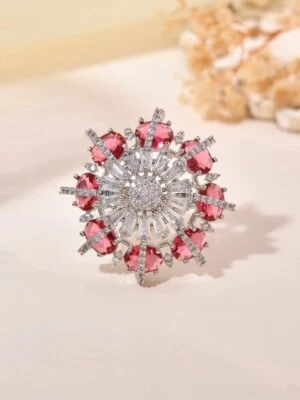 11.82 TCW Simulated Oval Ruby With Baguette & Round Sapphire Pretty Women's Ring - Image 1 of 4