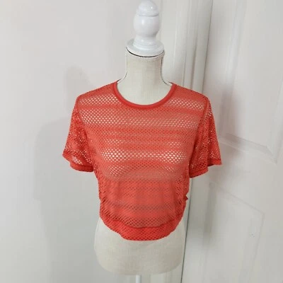 Lululemon Top Womens 10 Sunset Orange Sweat Your Heart Out Crop Mesh Netted - Image 1 of 4