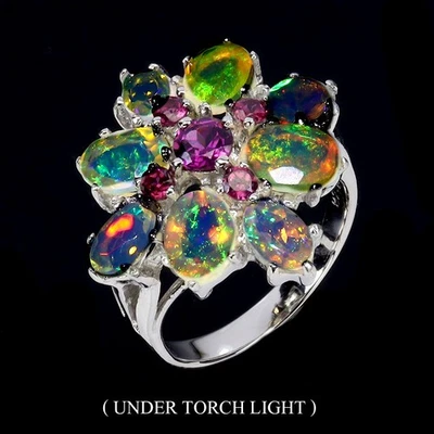925 Sterling Silver Ring Oval Fire Opal 7x5mm Rhodolite Garnet Gemstone Jewelry - Image 1 of 4