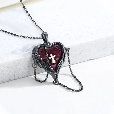 Gothic Love Chain Cross Feather Heart Pendant Necklace Halloween Fashion Jewelry - Image 1 of 4