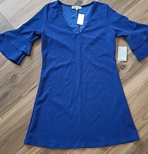 Nordstrom Dress Sz L  Midi Blue Flutter Sleeve Pull On Bodycon Stretch NWT - Picture 1 of 16