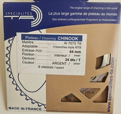Plato Specialities TA CHINOOK, 4 brazos, 24T, 64 BCD, 9 velocidades, nuevo en caja Foto 1 de 3