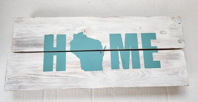 HOME Wisconsin wood sign handmade blue offset pieces lean or add hangars cute - Image 1 of 4