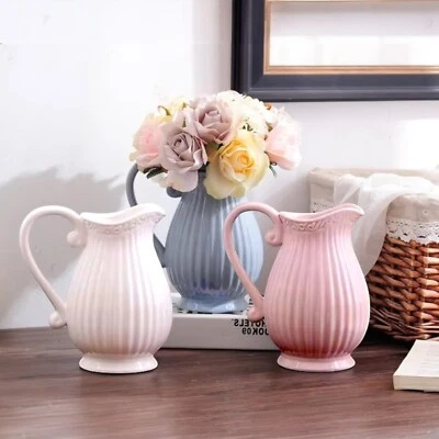 Pastel Krug Keramik Kanne Karaffe Blumenvase Vase Milchkrug rosa weiß grau - Bild 1 von 2