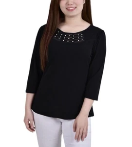NY Collection Women's 3/4 Sleeve Crepe Knit Top Black Petite Size PS - Picture 1 of 1