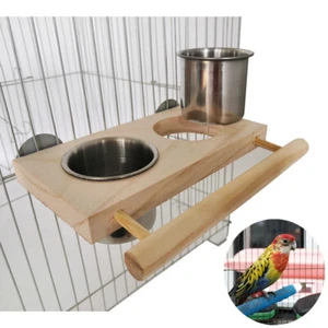 Bird Feeding Dish Cups Wooden Perch Stand Parrot Cage Feeder Water Bowl Hanging - Picture 1 of 8