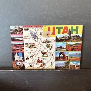 Greetings from UTAH Large letter state map vintage chrome Postcard 1965 postmark - Picture 1 of 2