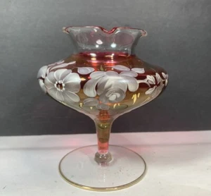 VINTAGE CZECH BOHEMIAN RED GLASS CRYSTAL VASE PAINTED FLOWERS GOLD - Picture 1 of 6