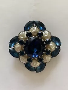 Vintage Rhinestone Brooch Pin Montana Blue Faux Pearls - Picture 1 of 2