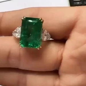 9 ctw Lab Created Radiant Cut Emerald & Diamond Engagement Ring 14k Gold Plated - Picture 1 of 4