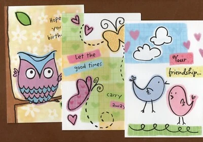 Set of 3 Current Inc. Birthday Greeting Cards, Owl, Birds, Butterflies - Image 1 of 3