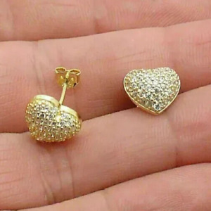14K Yellow Gold Plated 1 Ct Round Simulated Diamond Women Heart Stud Earrings