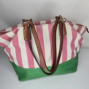 Dooney & Bourke Reißverschluss beschichtetes Canvas rosa & weiß gestreift Tasche Beuteltasche Handtasche Vintage Y2K - Bild 1 von 12
