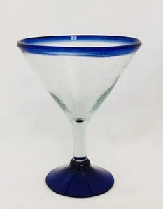 Bicchiere cocktail Martini Margarita vintage soffiato a mano trasparente con bordo blu cobalto - Foto 1 di 4