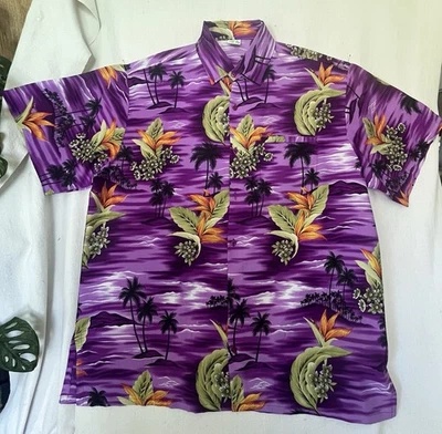 Camisa Hawaiana Vintage Años 60/70 Púrpura Floral Estampado Isla Tiki 2XL Foto 1 de 4