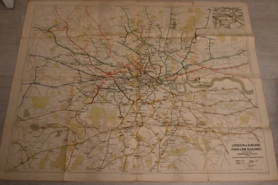 Very Rare Large Vintage 1947 London and Suburbs Main Line Railways Map - Изображение 1 из 4
