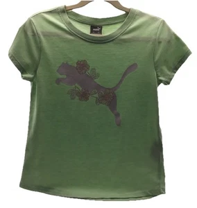 Puma Girls T-Shirt Size S (7) Light Green White Puma Pink Flowers Gently Worn - Picture 1 of 5