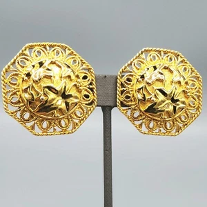 1989 Barrera for Avon Signed FALLING LEAVES Gold Tone Octagon Clip Earrings - Picture 1 of 9