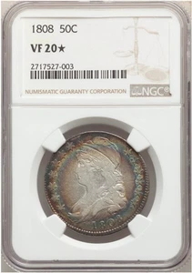 1808 US Capped Bust 50C NGC VF20☆ Exceptional Eye Appeal Rainbow Tone - Picture 1 of 2