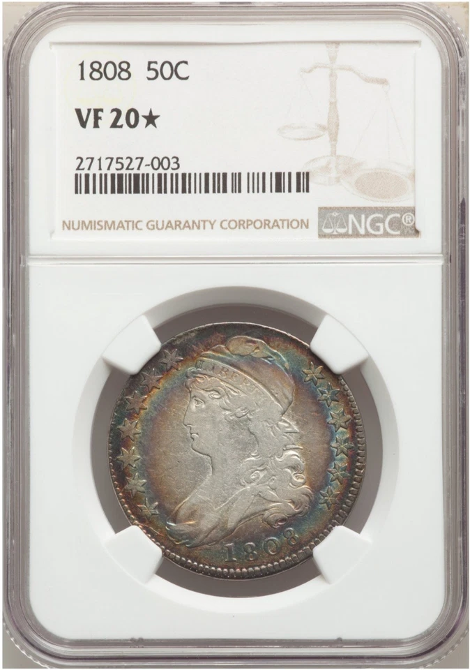 1808 US Capped Bust 50C NGC VF20☆ Exceptional Eye Appeal Rainbow Tone - Image 1 of 2