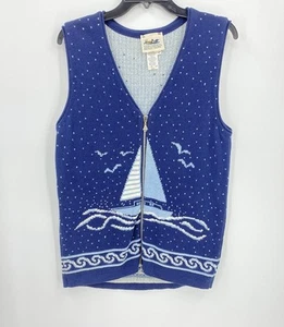 Northern Reflections Sweater Vest Blue Sailboat Beach Coastal Full Zip Womens M - Picture 1 of 3