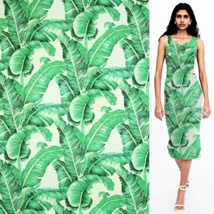 Big green banana leaves print silk and linen blended fabric 140cm width,SLN178 - Picture 1 of 6