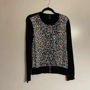 Ann Taylor Women Sz L Black Animal Print Full Zip Cardigan Sweater NWT - Picture 1 of 10