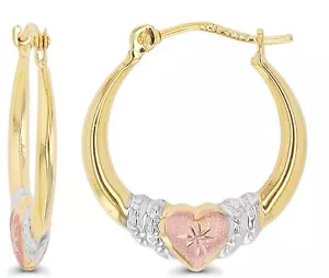 14K Gold Solid Hypoallergenic Heart Hoop Earrings Tricolor Gold Two Tone - Picture 1 of 6