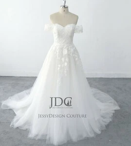Unique Lace Bridal Gown Wedding Dress 2-28W Portrait White Chapel Train Soft Net - Picture 1 of 7