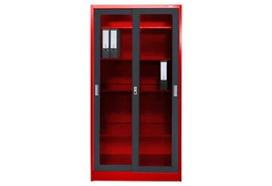 Stahlschrank St. Petersburg rot-dunkelgrau Glasfront Schiebetüren Lager Schrank - Bild 1 von 3