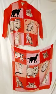 DIANE GILMAN SEQUINED CATS on PINK- 100% SILK BLOUSE And NEW WITH TAGS SCARF! - Picture 1 of 24