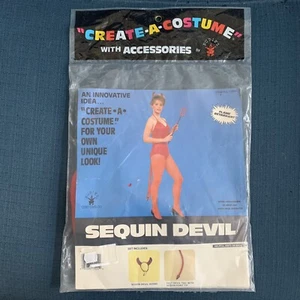 Vintage Devil Costume Red Sequin Accessories Horns Tail Rubies NEW - Picture 1 of 9