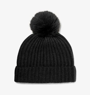 NUEVO CON ETIQUETAS MICHAEL KORS Gorro Acanalado CACHEMIRA con Pom Pom NEGRO TALLA ÚNICA * $148  Foto 1 de 4