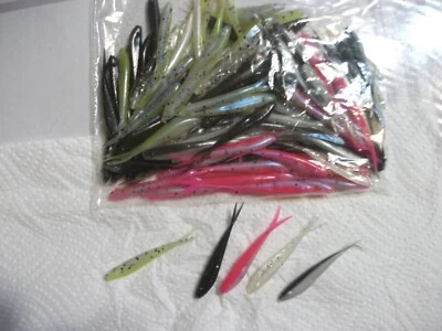 100-2 1/4"-CRAPPIE-PANFISH-MIX-MINNOWS-JIGS-GRUBS-split tails-flukes-scent-lot - Image 1 of 4
