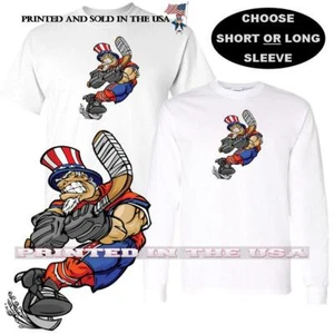Uncle Sam Patriotic Ice Hockey Sport Team Mascot Player Cartoon Custom T Shirt - Picture 1 of 4