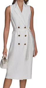 NWT Donna Karan NY Pinstripe Belted Lined  Dress, 6, Cream/Limestone, $199 - Picture 1 of 5