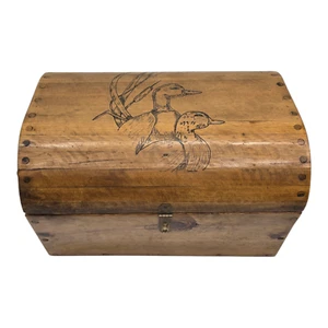 Vintage Handmade 16" Solid Wood Treasure Chest Storage Trunk Duck Drawing Handle - Picture 1 of 10