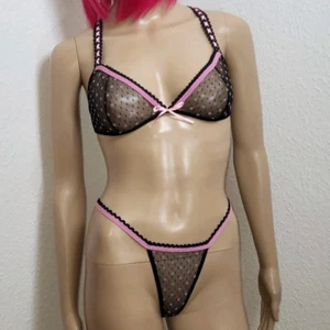 Leg Avenue Dessous BH Tanga Set schwarz-pink S M 36 38 40 string mesh damen neu - Bild 1 von 8