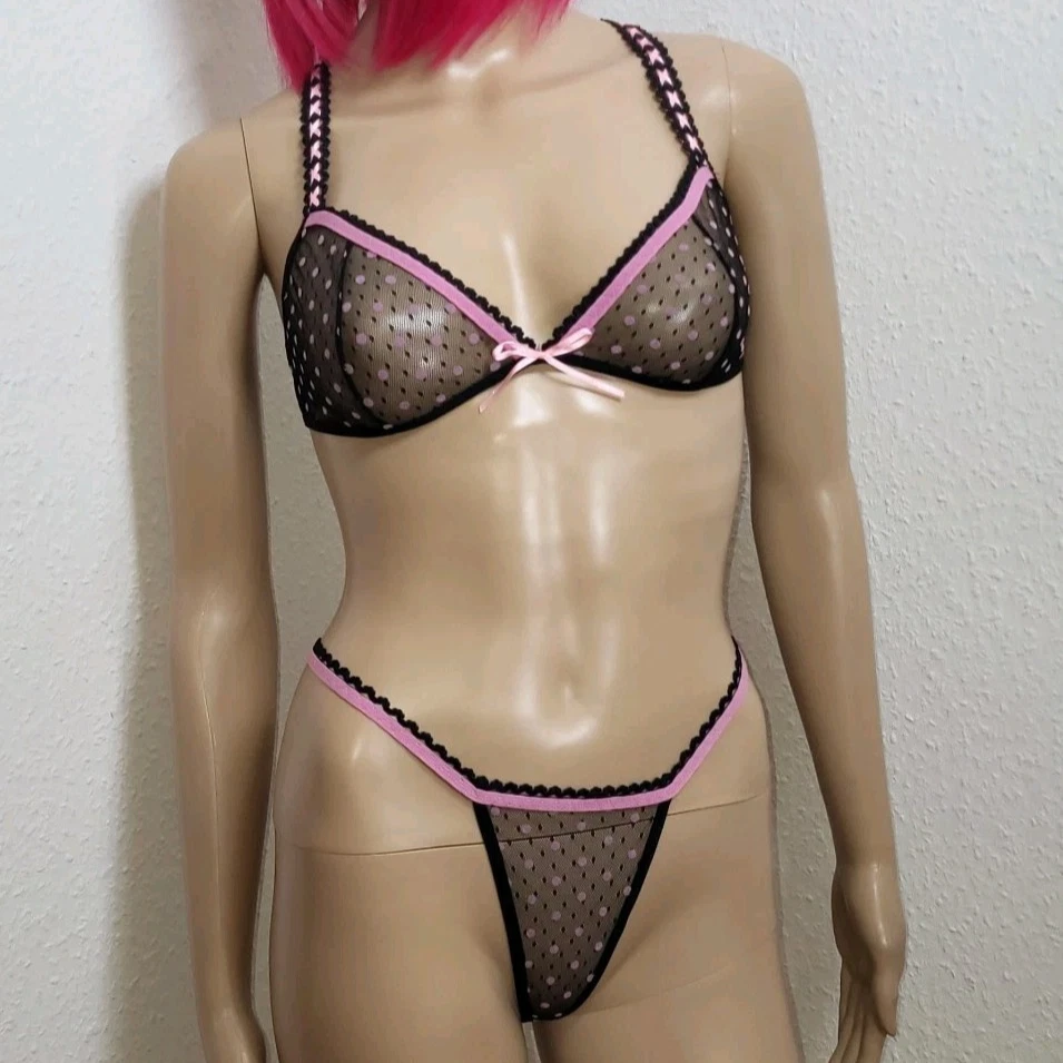 Leg Avenue Dessous BH Tanga Set schwarz-pink S M 36 38 40 string mesh damen neu - Bild 1 von 4