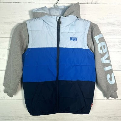 Chaleco acolchado azul Levis chaqueta gris con capucha 2 en 1 cremallera completa niños talla 5-6 Foto 1 de 4